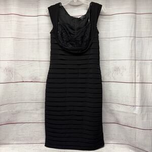 Tadashi Collection Black Tiered Ruffle Cocktail Dress Beaded Lace Bodice Size L